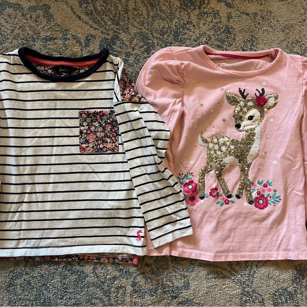 3T Girls Striped and Pink Deer Graphic Long Sleeve Tops